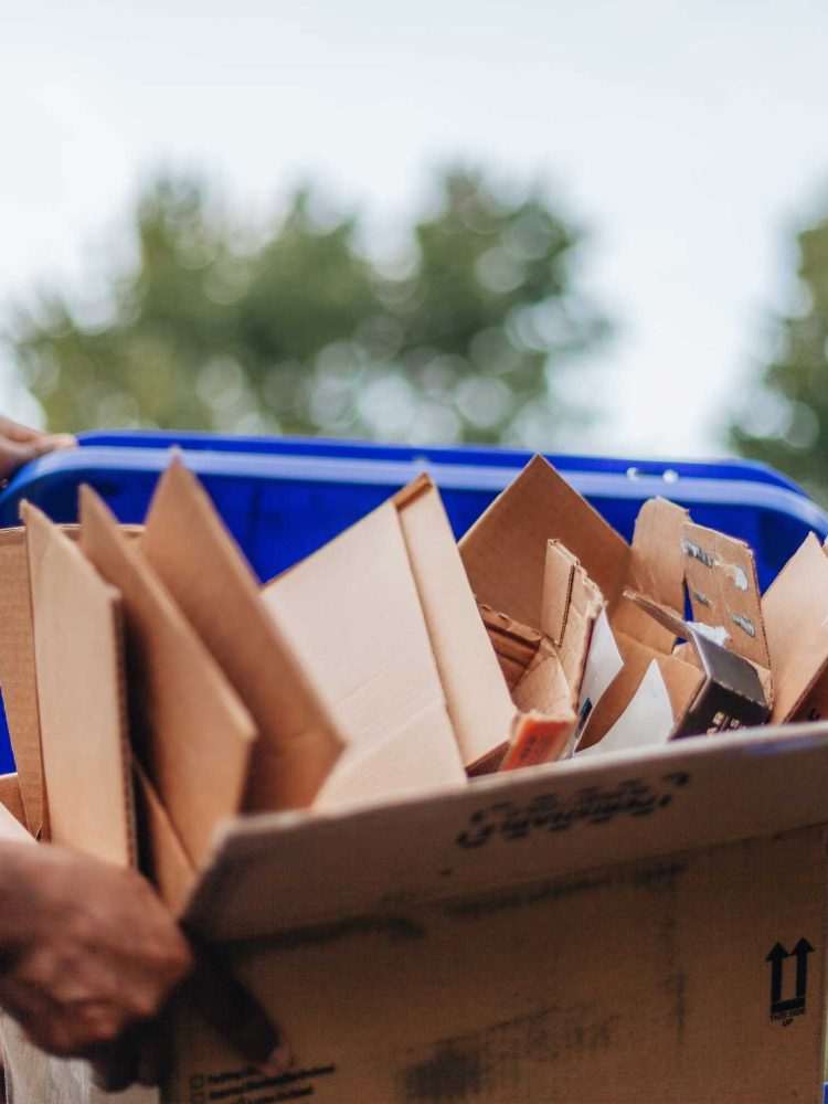 Commercial Recycling man putting cardboard into recycling